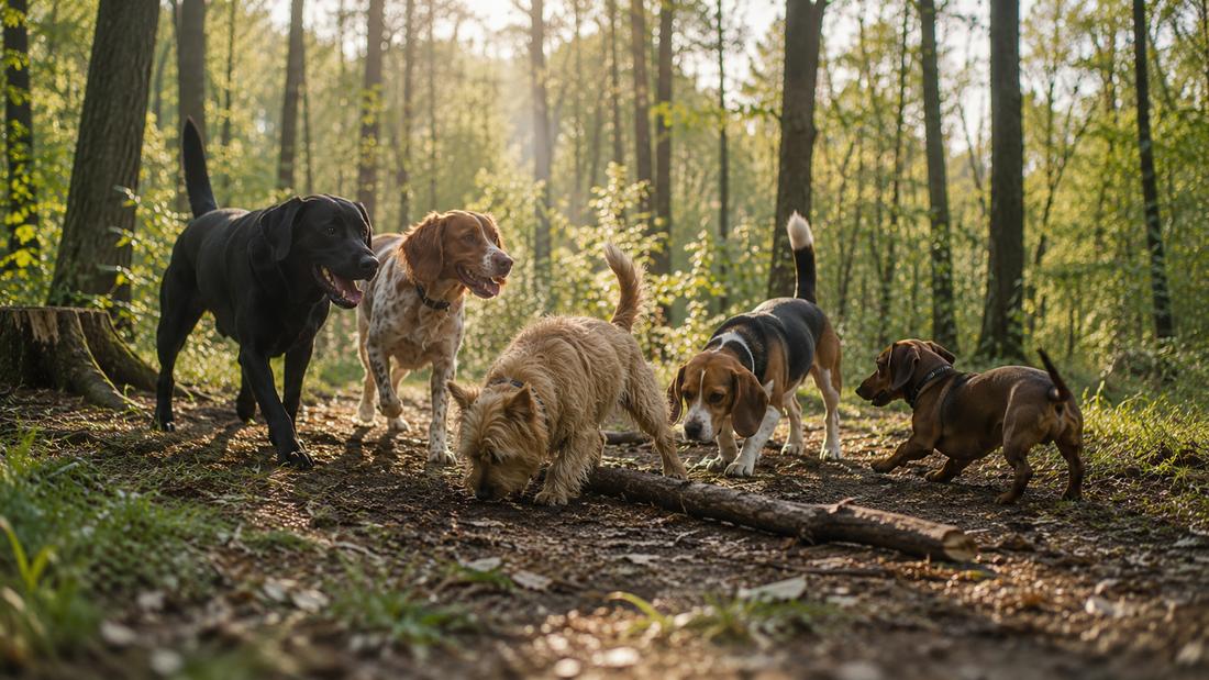 Chiens explorant ensemble en forêt lors d'une balade collective près de Strasbourg